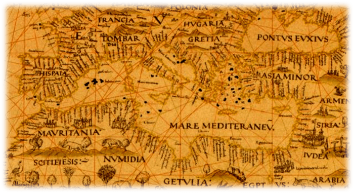 Detalle de la carta universal de Diego Ribero (Sevilla, 1529), uno de los mapas más antiguos con un Mediterráneo aparentemente exacto.